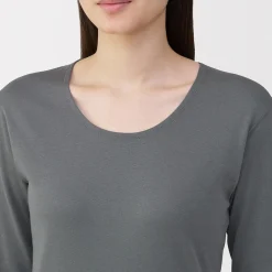 T‐shirt manches longues col U en coton épais et chaud pour femme