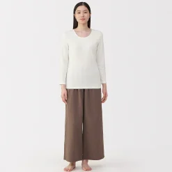 T‐shirt manches longues col U en coton épais et chaud pour femme