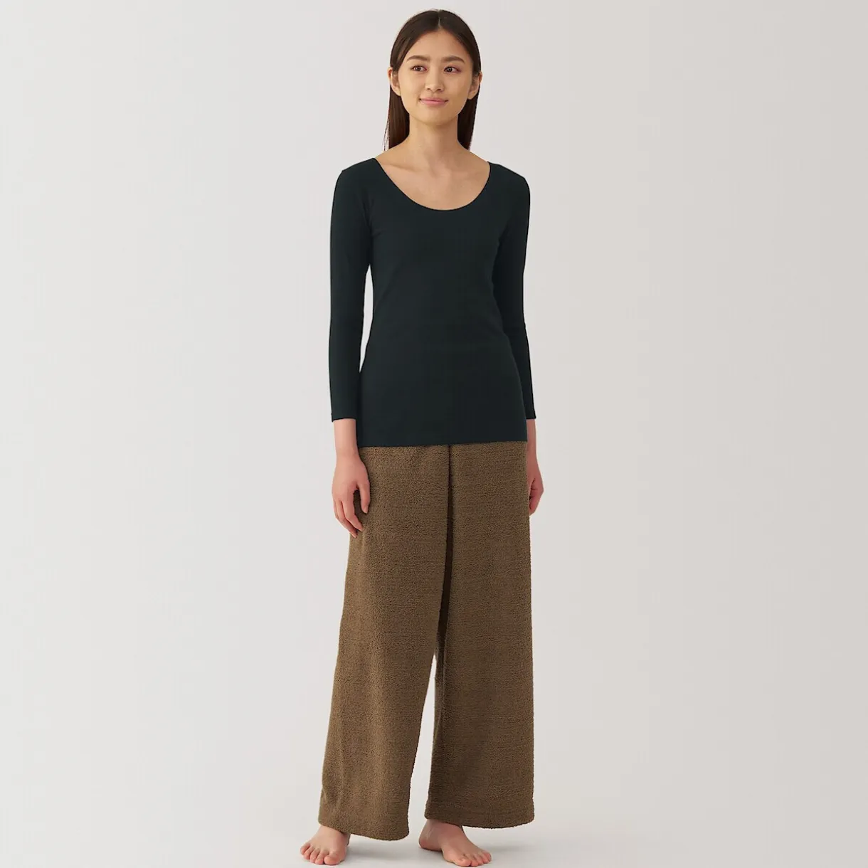 T‐shirt manches longues col U en coton chaud pour femme