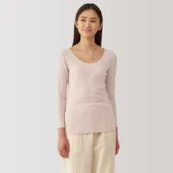 T‐shirt manches longues col U en coton chaud pour femme