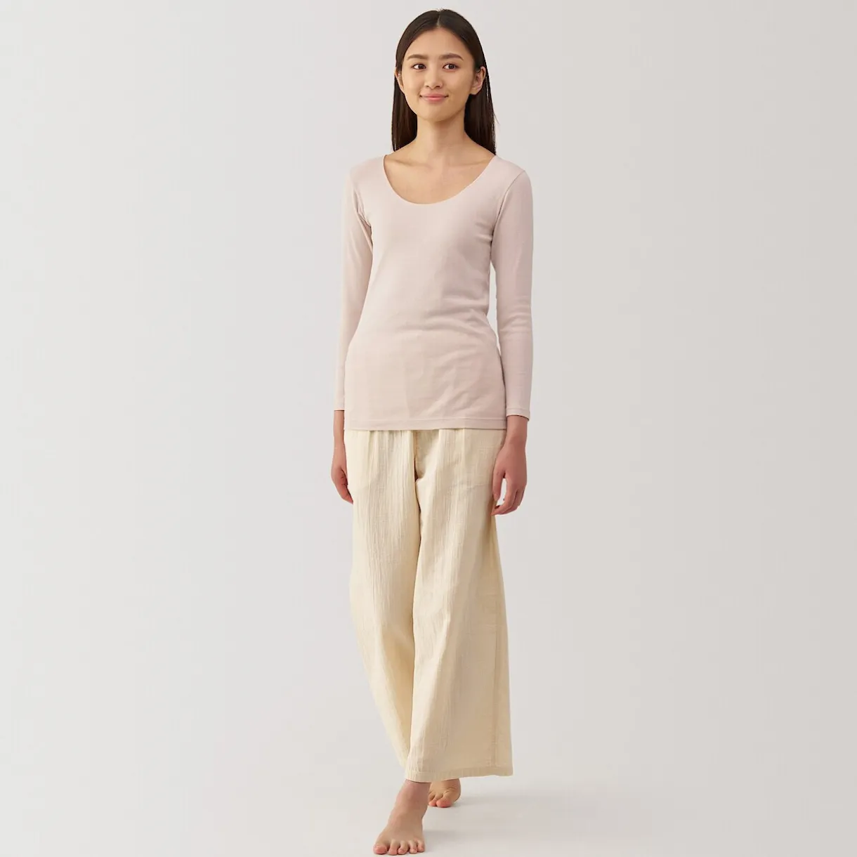 T‐shirt manches longues col U en coton chaud pour femme