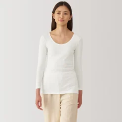 T‐shirt manches longues col U en coton chaud pour femme