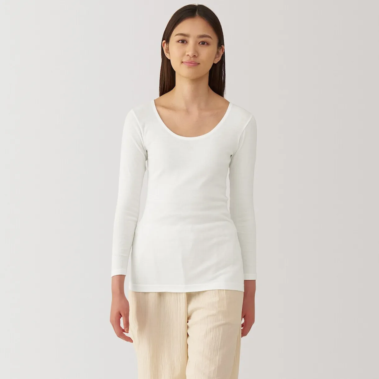 T‐shirt manches longues col U en coton chaud pour femme