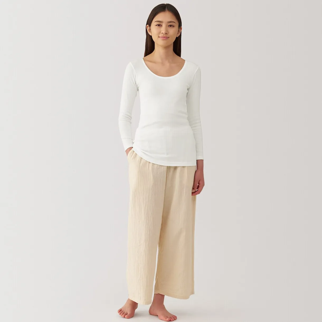 T‐shirt manches longues col U en coton chaud pour femme