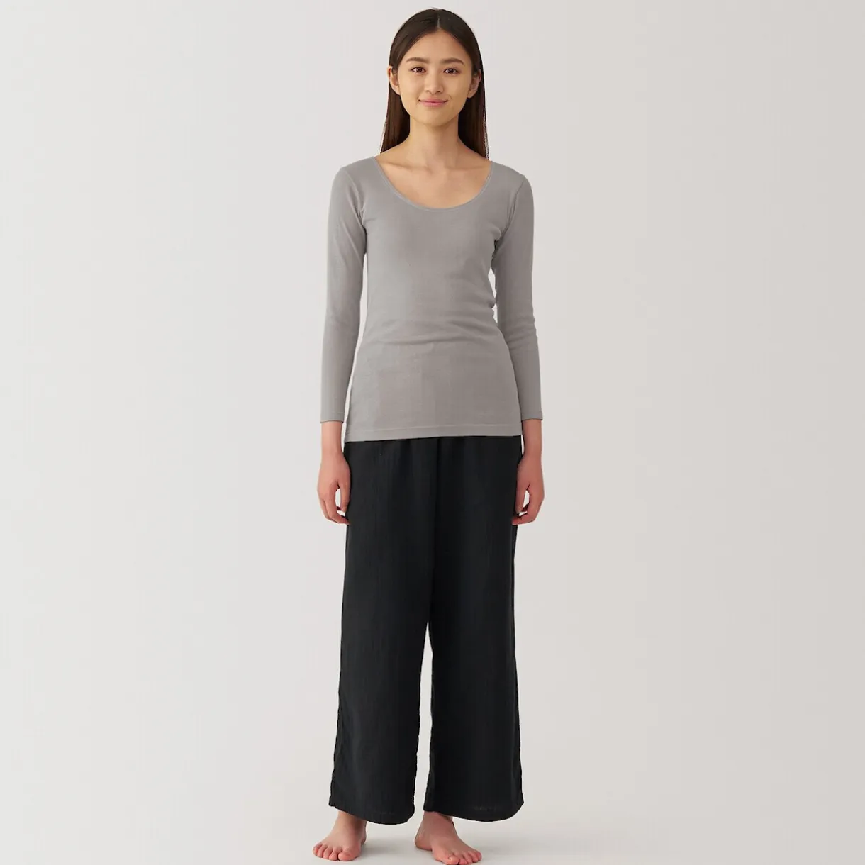 T‐shirt manches longues col U en coton chaud pour femme