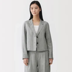 Veste courte à chevrons en mélange de lin pour femme